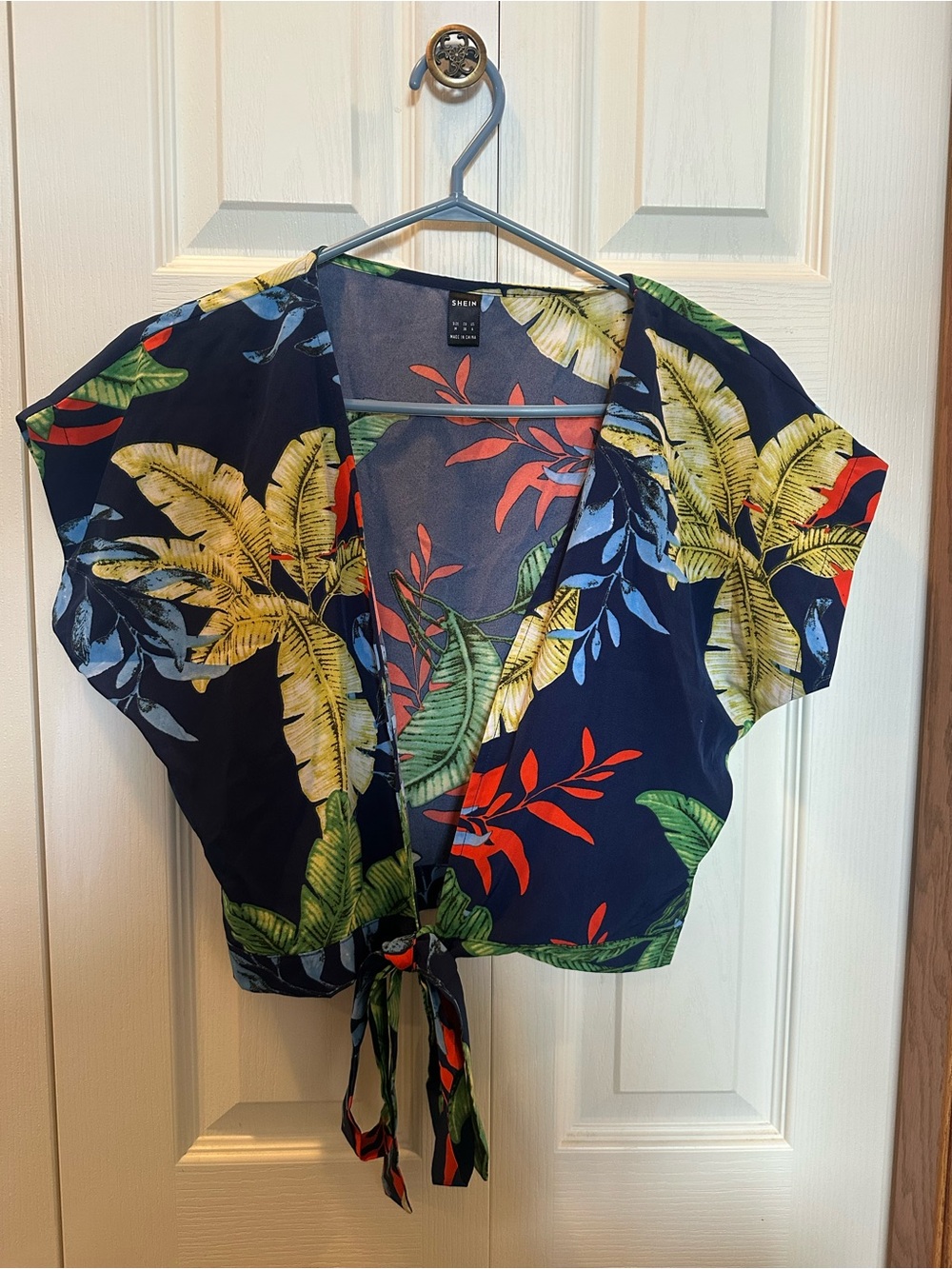 Navy Tropical Tie-Front Crop Top